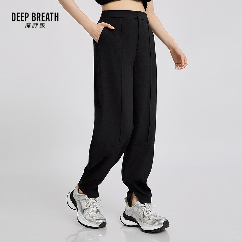 DEEP BREATH深呼吸女装 高腰脚踝开叉束脚造型西裤休闲长裤A100650