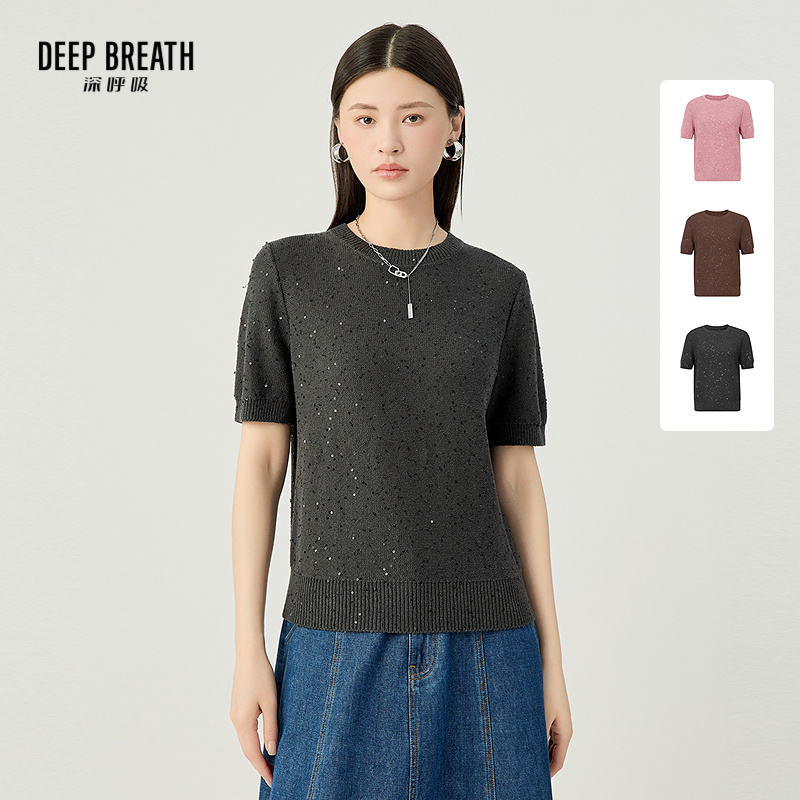 DEEP BREATH深呼吸女装 简约圆领珠片短袖套头针织衫上衣A301510-1