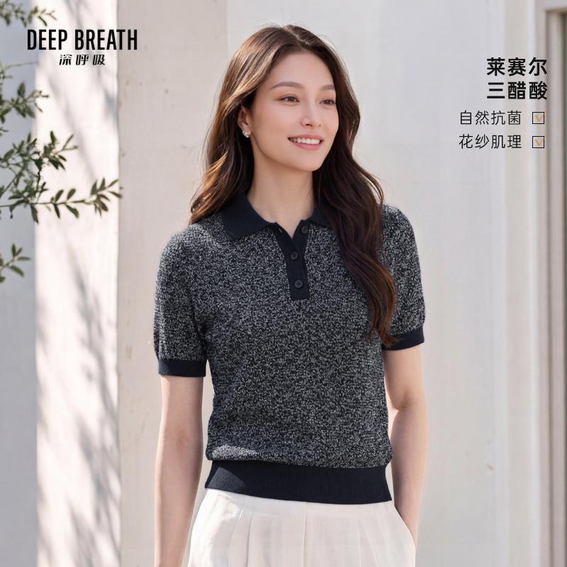 DEEP BREATH深呼吸女装 三醋酸POLO领拼色花纱肌理短袖针织衫A302901