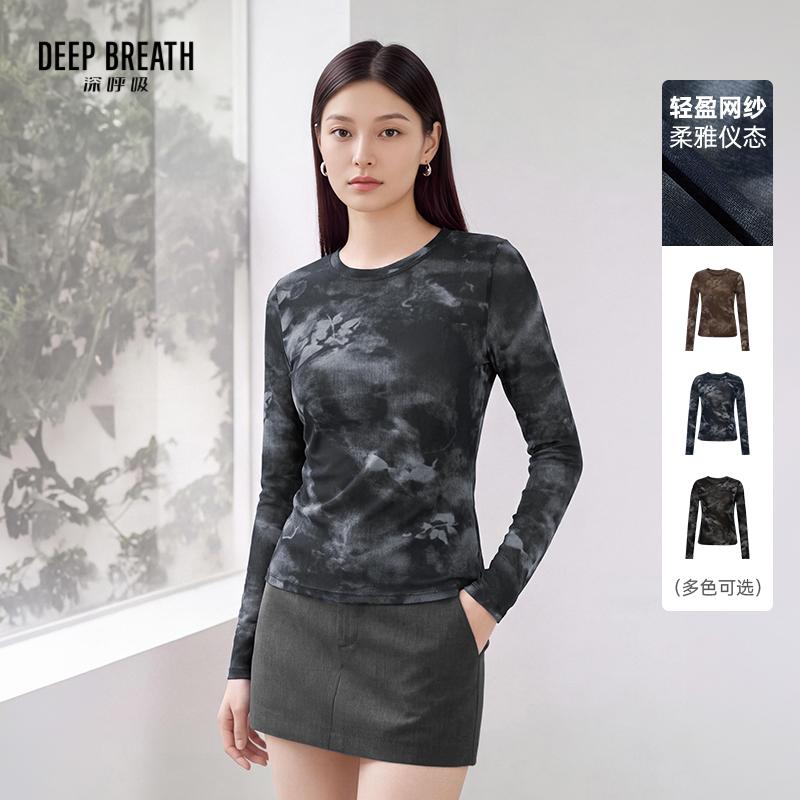 DEEP BREATH深呼吸女装 新款网纱印花圆领长袖舒适T恤上衣A303165