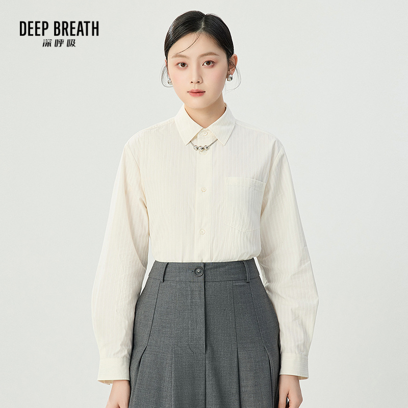 DEEP BREATH深呼吸女装 新款条纹翻领长袖衬衫直筒休闲上衣A301723-2