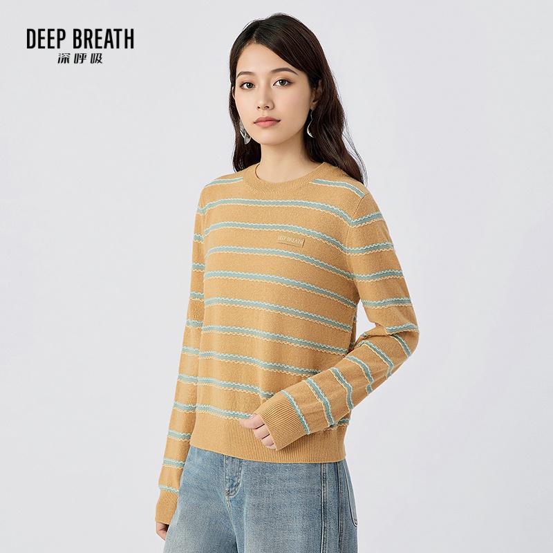 DEEP BREATH深呼吸女装 圆领拼色条纹织唛套头羊毛针织衫A301981-1
