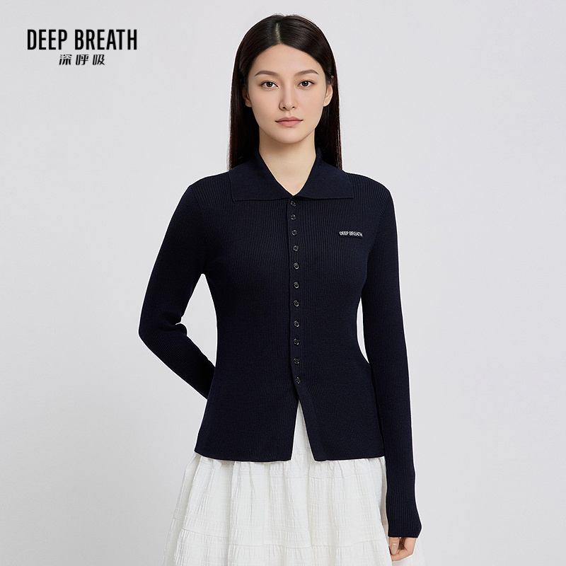 DEEP BREATH深呼吸女装 新款翻领坑条纽扣羊毛长袖针织开衫A402257-1
