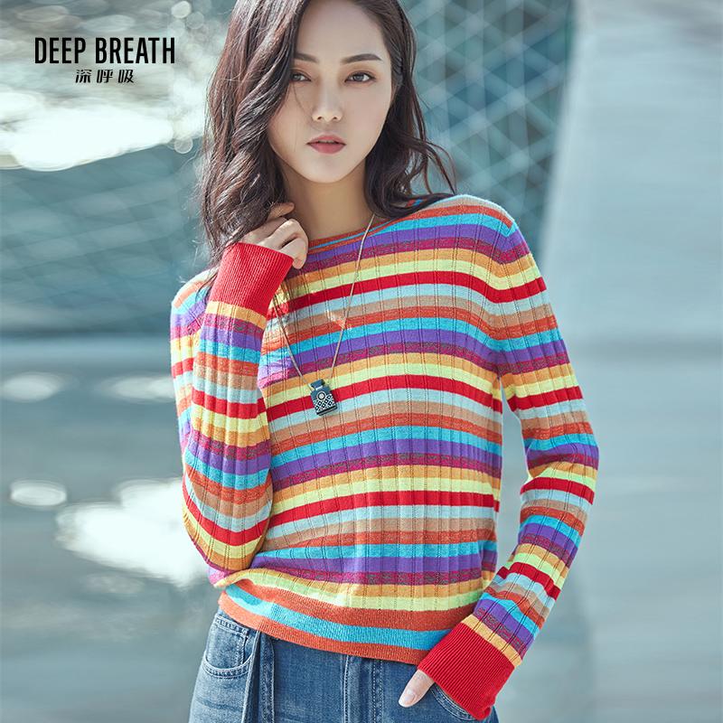 DEEP BREATH深呼吸女装 圆领长袖彩虹条纹针织衫A300720