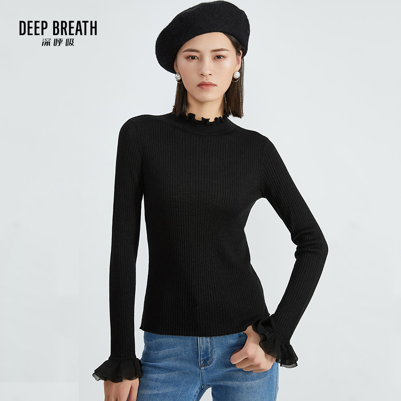 DEEP BREATH深呼吸女装 花苞领荷叶袖修身坑条葱纱针织衫A300814