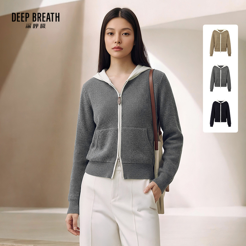 DEEP BREATH深呼吸女装 新款连帽拼色双拉链袋鼠袋针织开衫外套A402181